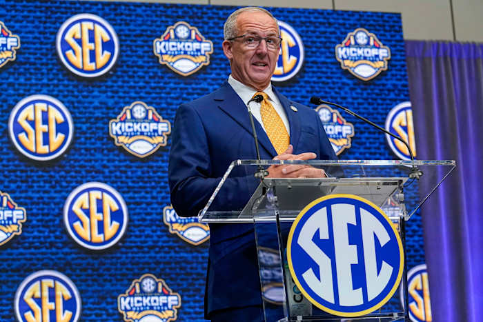 Jul 18, 2022; Atlanta, GA, USA; SEC commissioner Greg Sankey delivers comments to open SEC Media Days at the College Football Hall of Fame. Mandatory Credit: Dale Zanine-USA TODAY Sports